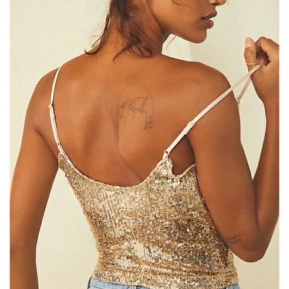 NWOT Free People Stop and Stare Gold Sequin Cami Top - Picture 2 of 9